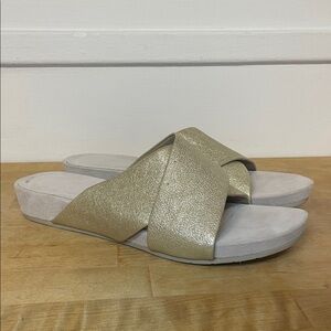 Eileen Fisher gold leather criss cross slide small heel sandals women’s size 11